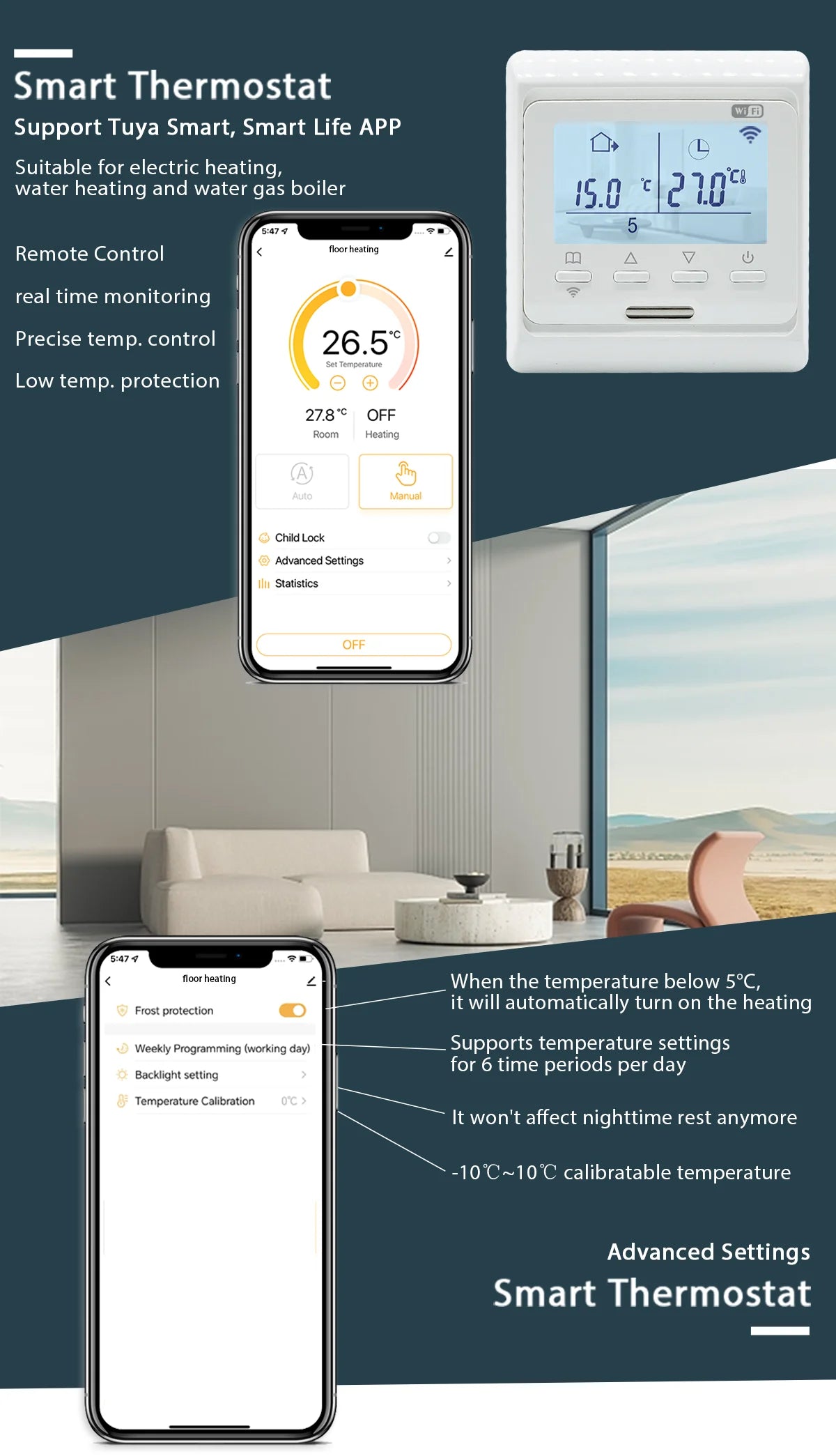 Intelligent Floor Heating Thermostat 100V-240V 3A 16A with WiFi Connectivity for Remote Temperature Control and Smart Scheduling